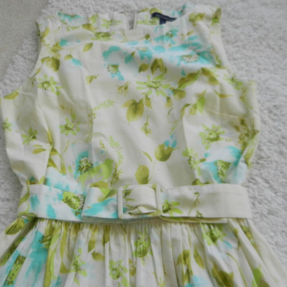 summer sleeveless, green, cream floral dress, size 4